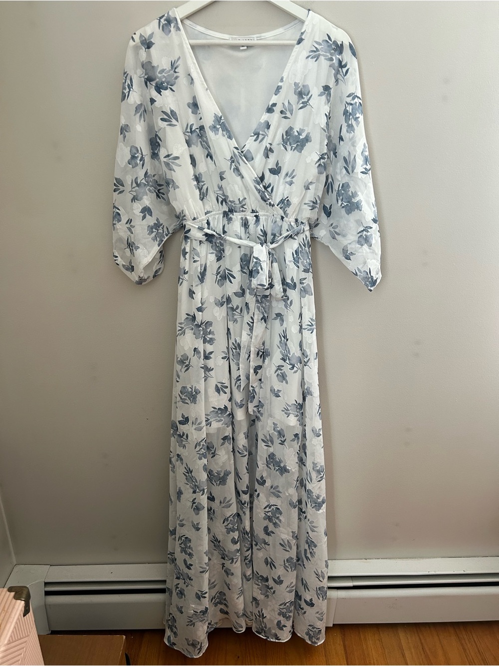 Baltic Born Luca Jacquard Kimono Slate Blue Floral White Short Sleeve Maxi